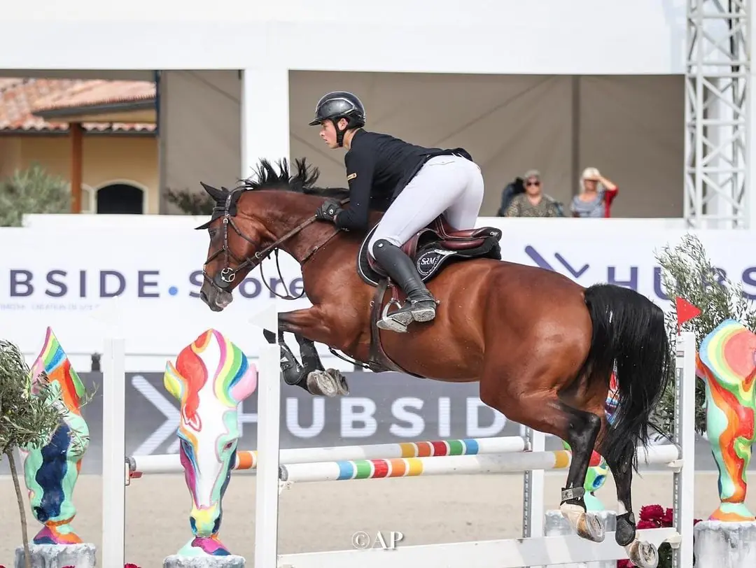 Saut d'un obstacle aux chandeliers en forme de têtes de cheval colorées