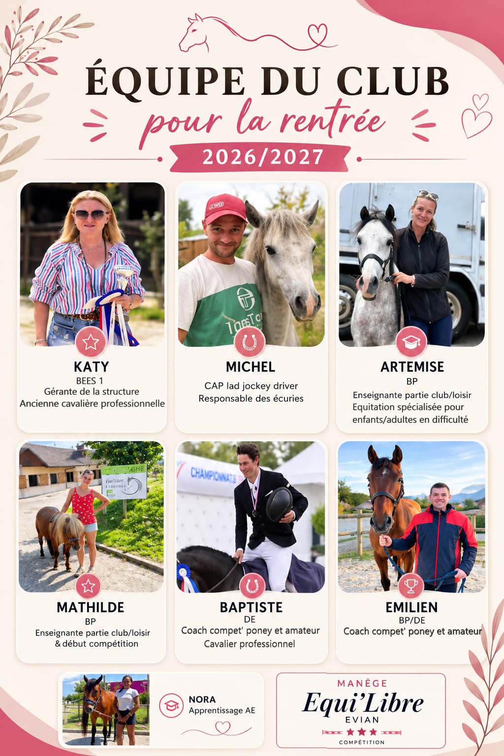 L'équipe du club pour la saison 2026/2027 : Katy, Michel, Artémise, Mathilde, Baptiste et Emilien