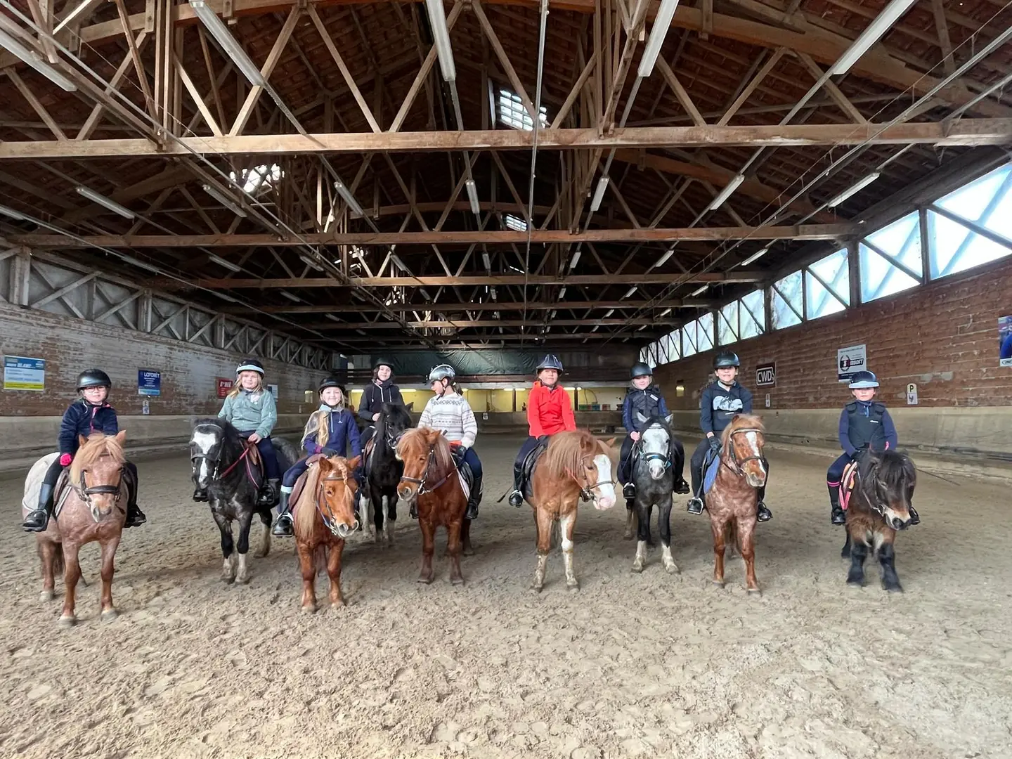 Cours collectif de poney dans le manège couvert